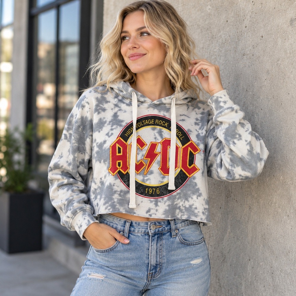 AC/DC High Voltage 1976 Tie Dye‎ Cropped Hoodie Women's M Gray White